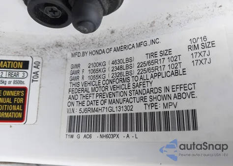 2016 Honda Cr-V Exl from USA, damaged, VIN 5J6RM4H71GL131302